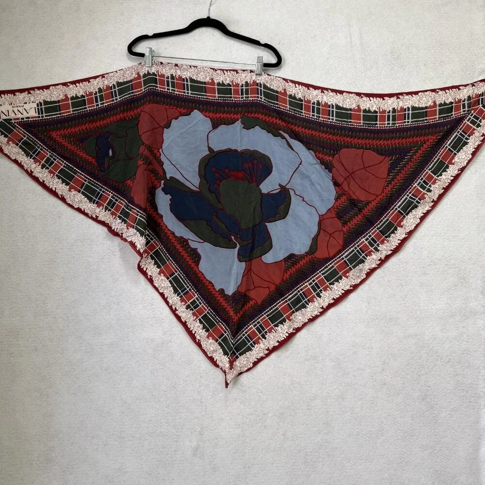 Lanvin Paris Scarf Womens One Size Silk Triangle Floral Plaid Made France Red